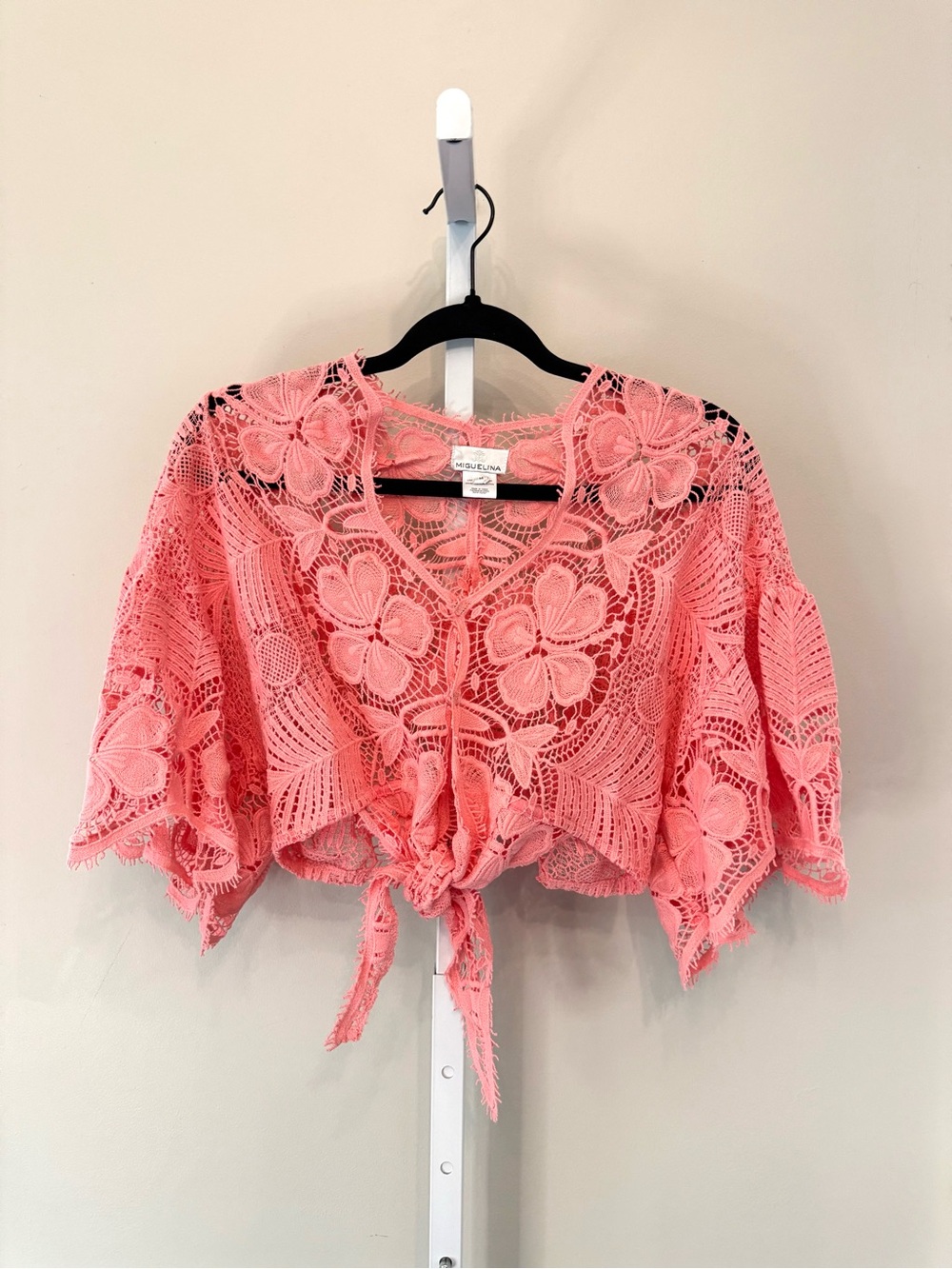 Miguelina Alma Pink Crochet Lace Tie Front Crop Top 100% Cotton Size M